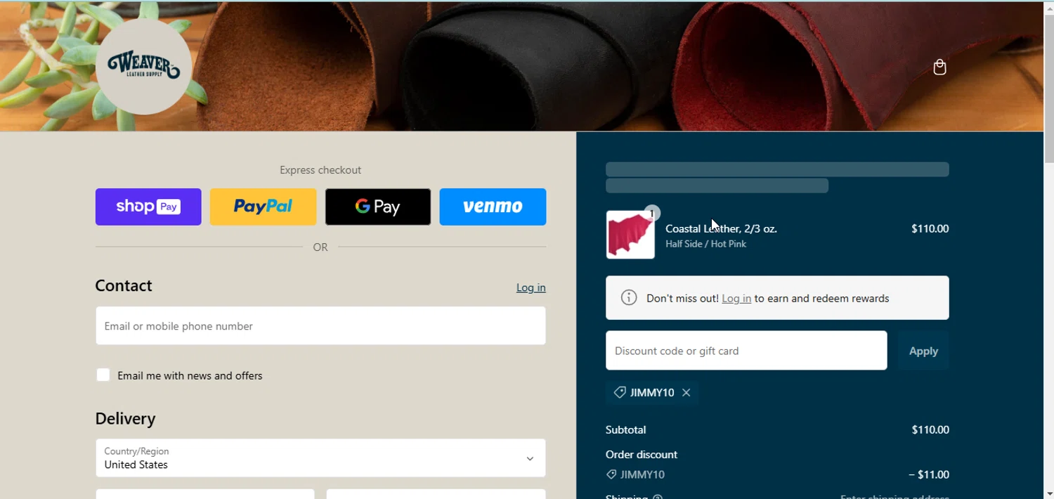 Weaver Leather Supply discount code screenshot showing code JIMMY10 applied at Weaver Leather Supply checkout page. Uploaded by SimplyCodes community member RewardMonarch5847 on Jan 14, 2025