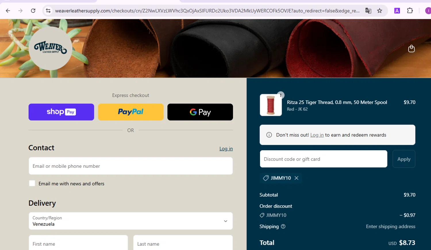 Weaver Leather Supply discount code screenshot showing code JIMMY10 applied at Weaver Leather Supply checkout page. Uploaded by SimplyCodes community member BudgetElite1200 on Apr 2, 2025