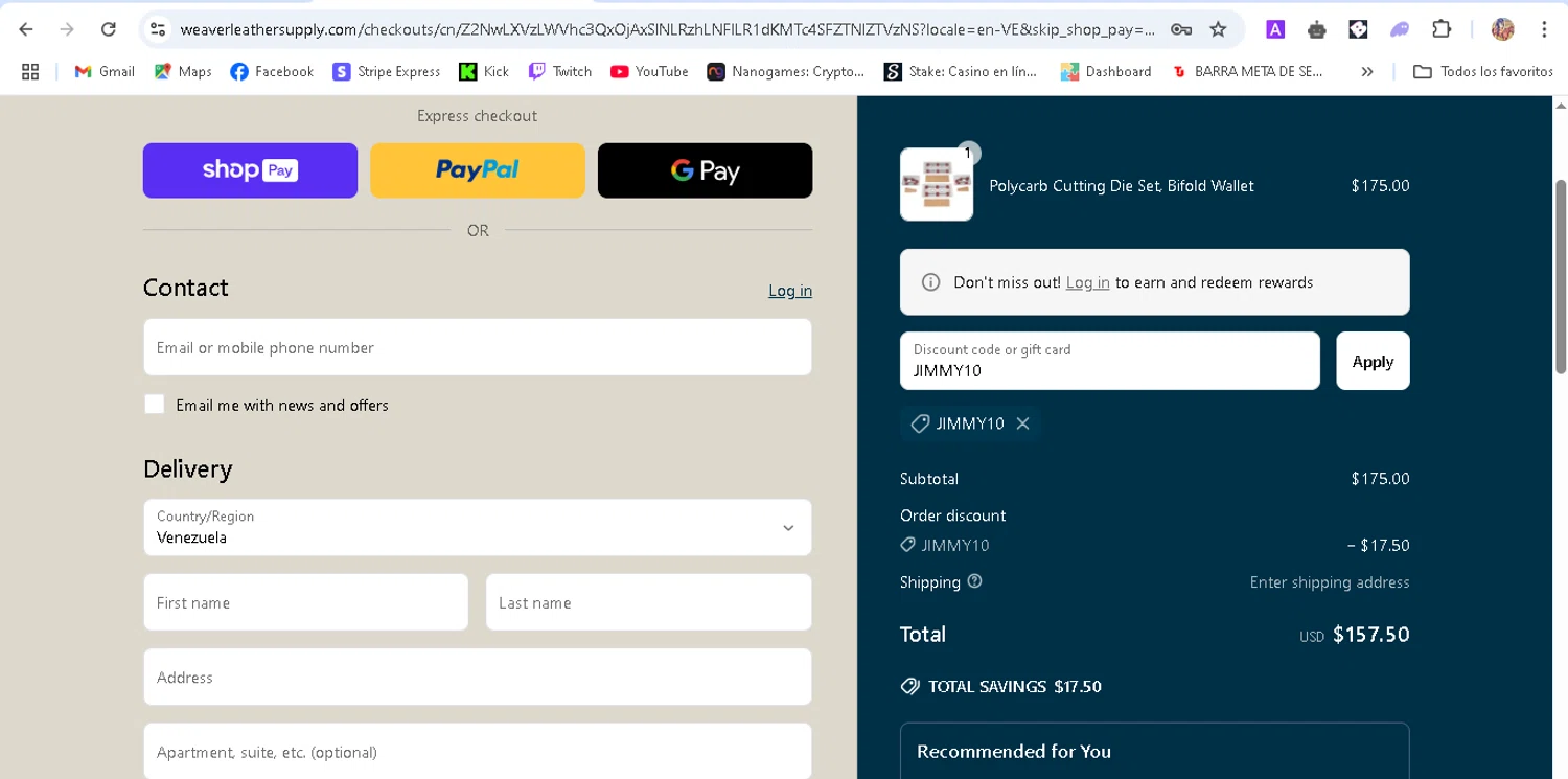 Weaver Leather Supply discount code screenshot showing code JIMMY10 applied at Weaver Leather Supply checkout page. Uploaded by SimplyCodes community member ronaldhernandez on Apr 24, 2025