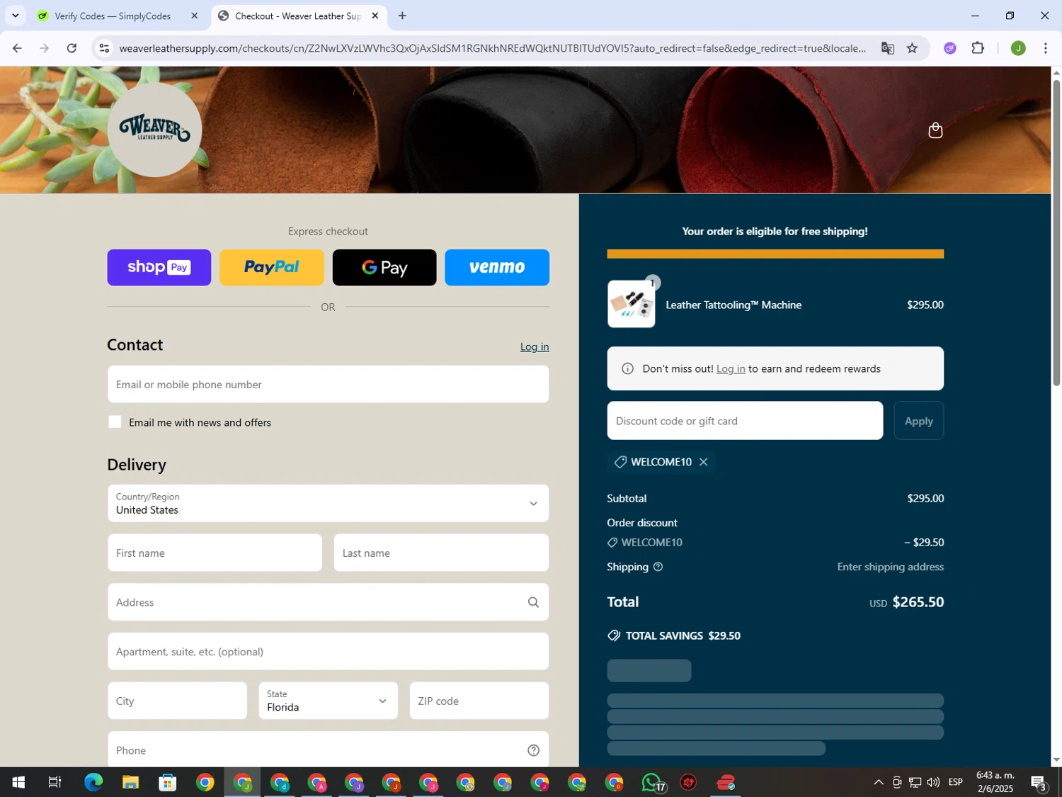 Weaver Leather Supply discount code screenshot showing code welcome10 applied at Weaver Leather Supply checkout page. Uploaded by SimplyCodes community member MightyFinder1041 on Jun 2, 2025