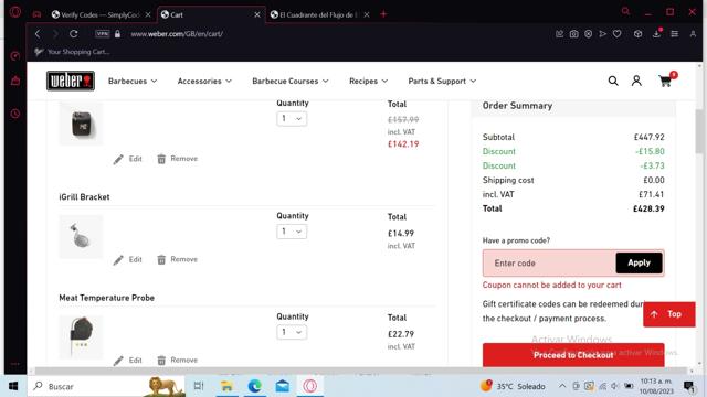 Weber checkout page showing Weber promo code box | Screenshot taken by SimplyCodes community member on Aug 10, 2023