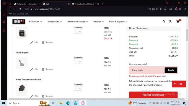 Weber checkout page showing Weber promo code box | Screenshot taken by SimplyCodes community member on Aug 10, 2023