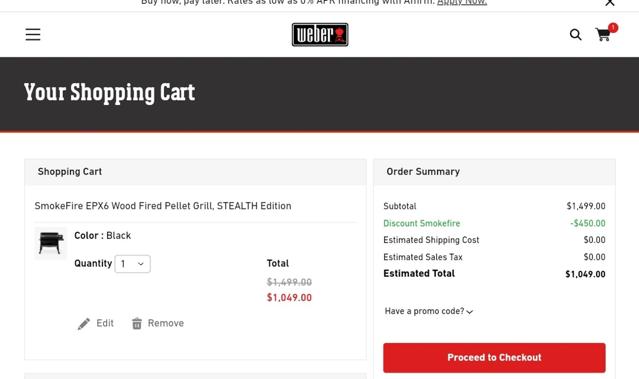 Weber checkout page showing Weber promo code box | Screenshot taken by SimplyCodes community member on Nov 15, 2023