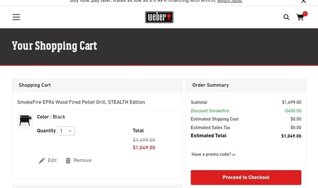 Weber checkout page showing Weber promo code box | Screenshot taken by SimplyCodes community member on Nov 15, 2023