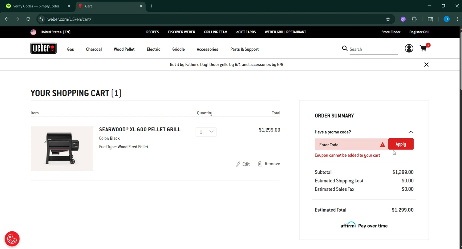 Weber promo code screenshot showing code 50off applied at Weber checkout page. Uploaded by SimplyCodes community member _____________ on Jun 2, 2025