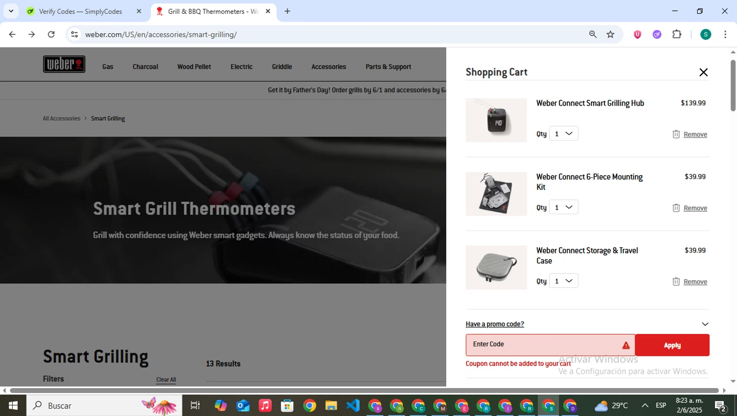 Weber promo code screenshot showing code 50off applied at Weber checkout page. Uploaded by SimplyCodes community member VictoriousPilot5281 on Jun 2, 2025