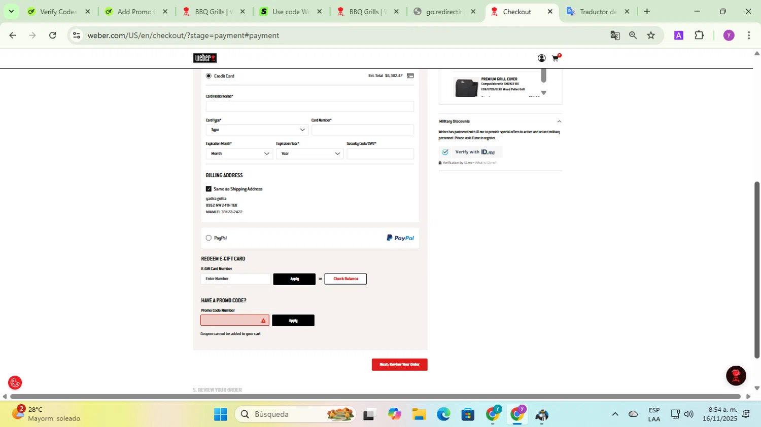 Weber promo code screenshot showing code 50off applied at Weber checkout page. Uploaded by SimplyCodes community member yadicg054 on Nov 16, 2025