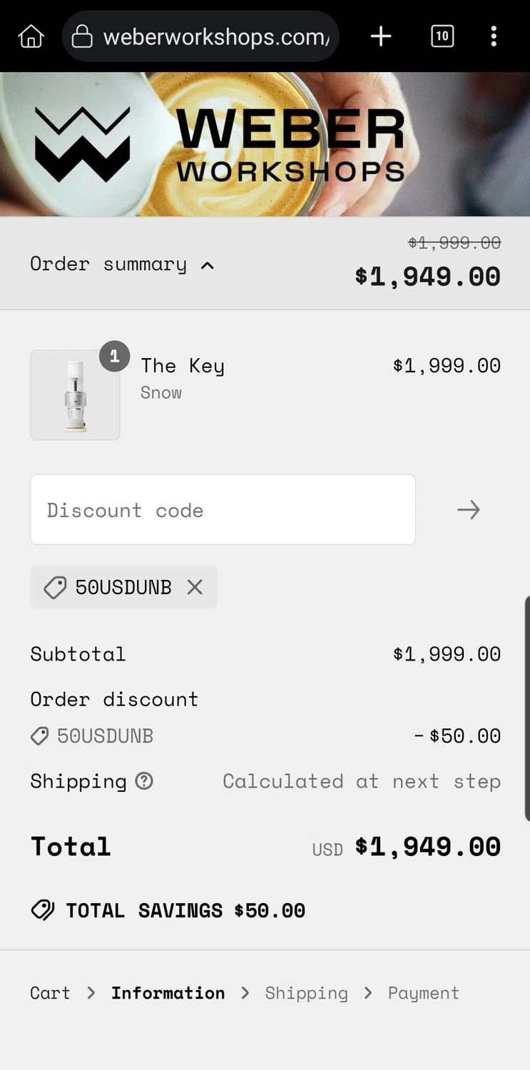 Weber Workshops checkout page showing Weber Workshops discount code box | Screenshot taken by SimplyCodes community member on Apr 4, 2025