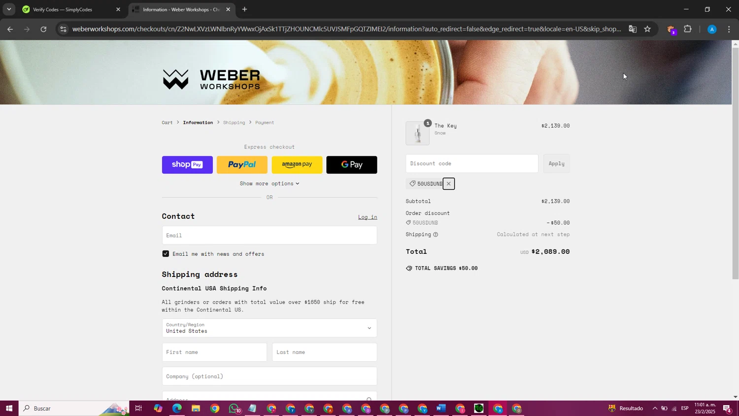 Weber Workshops checkout page showing Weber Workshops discount code box | Screenshot taken by SimplyCodes community member on Feb 23, 2025