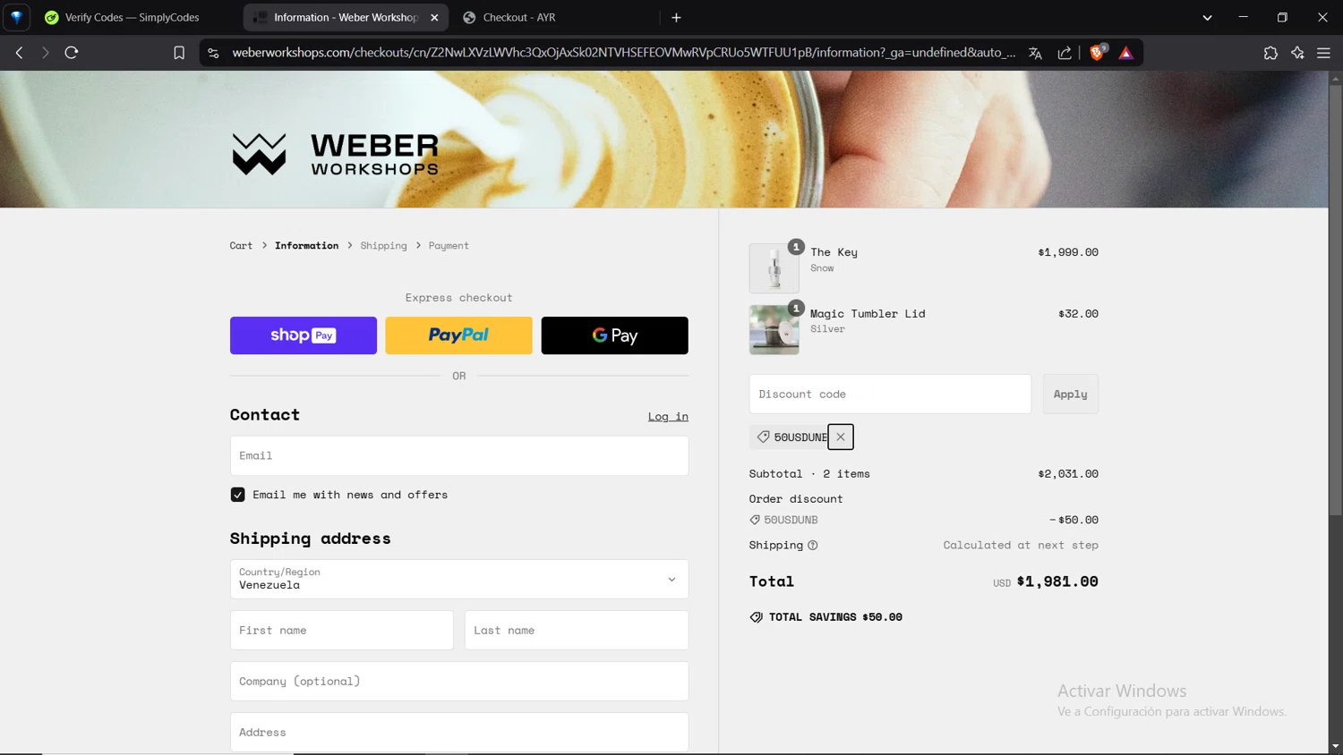 Weber Workshops checkout page showing Weber Workshops discount code box | Screenshot taken by SimplyCodes community member on Feb 16, 2025