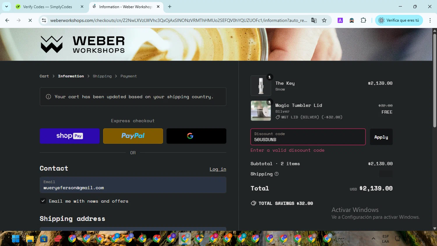 Weber Workshops discount code screenshot showing code 50USDUNB applied at Weber Workshops checkout page. Uploaded by SimplyCodes community member ScanMaven5756 on Apr 25, 2025