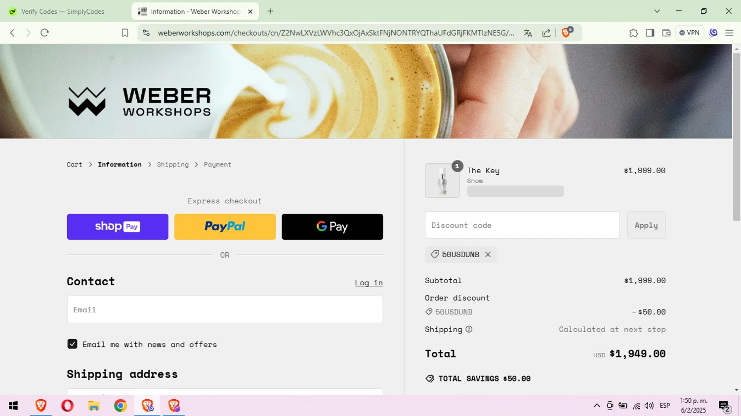 Weber Workshops checkout page showing Weber Workshops discount code box | Screenshot taken by SimplyCodes community member on Feb 6, 2025