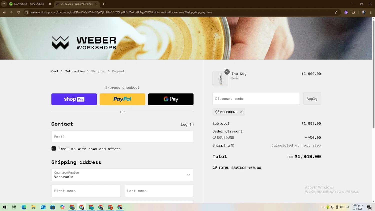 Weber Workshops checkout page showing Weber Workshops discount code box | Screenshot taken by SimplyCodes community member on Apr 4, 2025