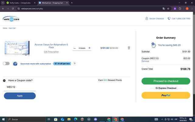 Web Eye Care checkout page showing Web Eye Care promo code box | Screenshot taken by SimplyCodes community member on Aug 28, 2025