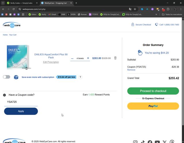 Web Eye Care checkout page showing Web Eye Care promo code box | Screenshot taken by SimplyCodes community member on Aug 29, 2025