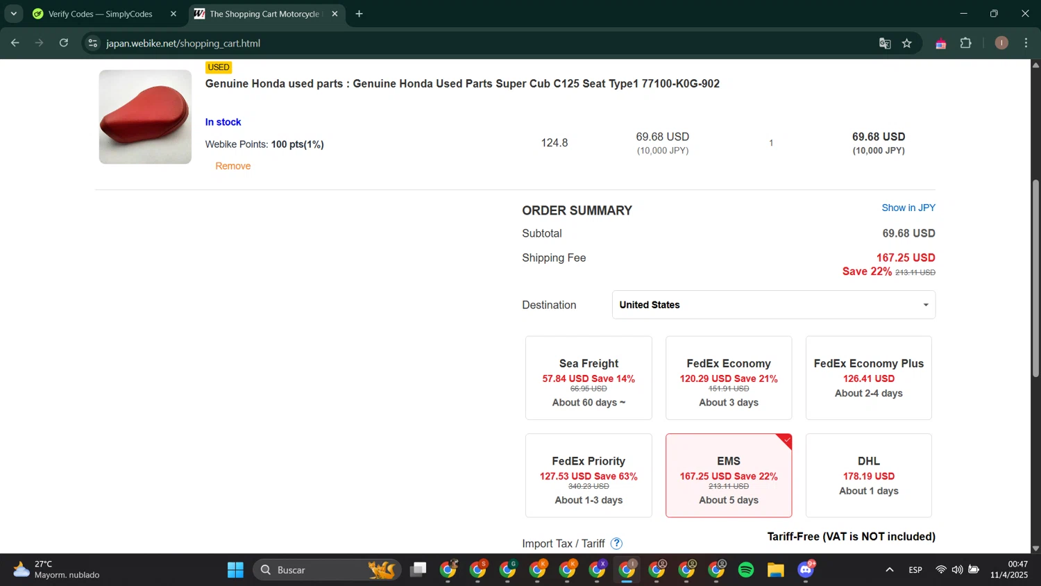 Webike Japan coupon code screenshot showing code SAVE15 applied at Webike Japan checkout page. Uploaded by SimplyCodes community member RoyalPhoenix2730 on Apr 11, 2025