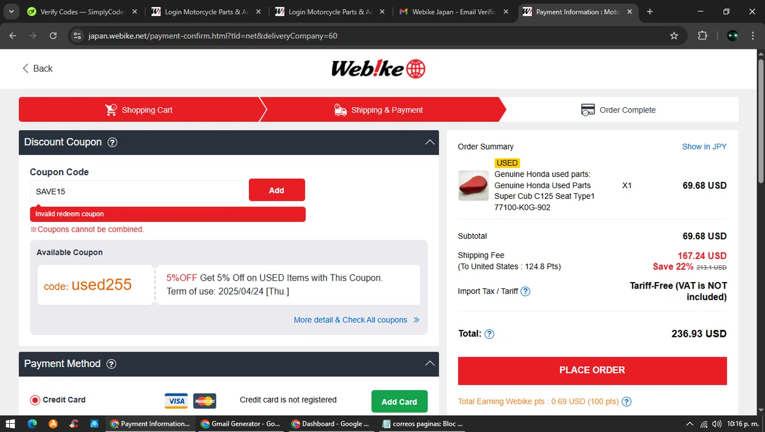 Webike Japan coupon code screenshot showing code SAVE15 applied at Webike Japan checkout page. Uploaded by SimplyCodes community member harinapan on Apr 11, 2025