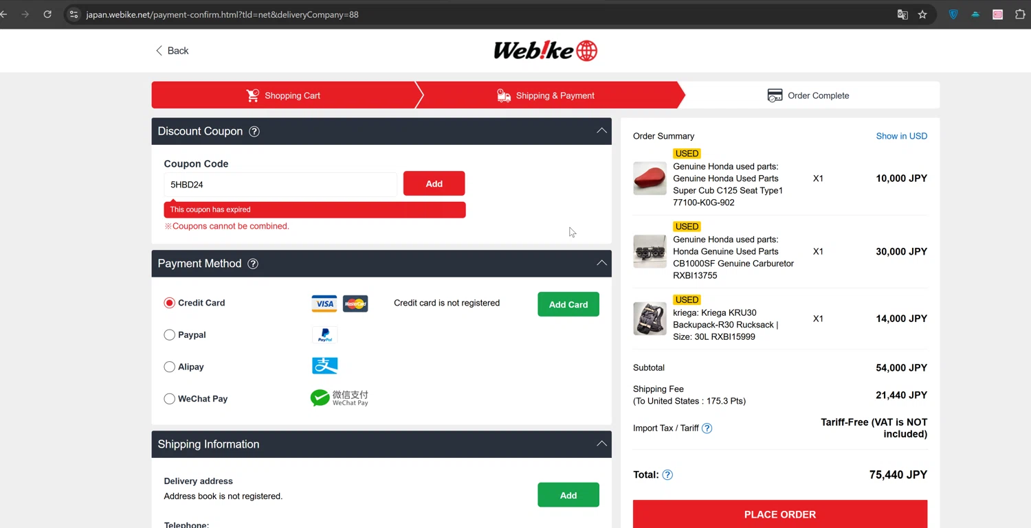 Webike Japan coupon code screenshot showing code 5HBD24 applied at Webike Japan checkout page. Uploaded by SimplyCodes community member ValiantTiger4704 on Apr 3, 2025