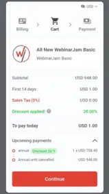 WebinarJam coupon verification screenshot