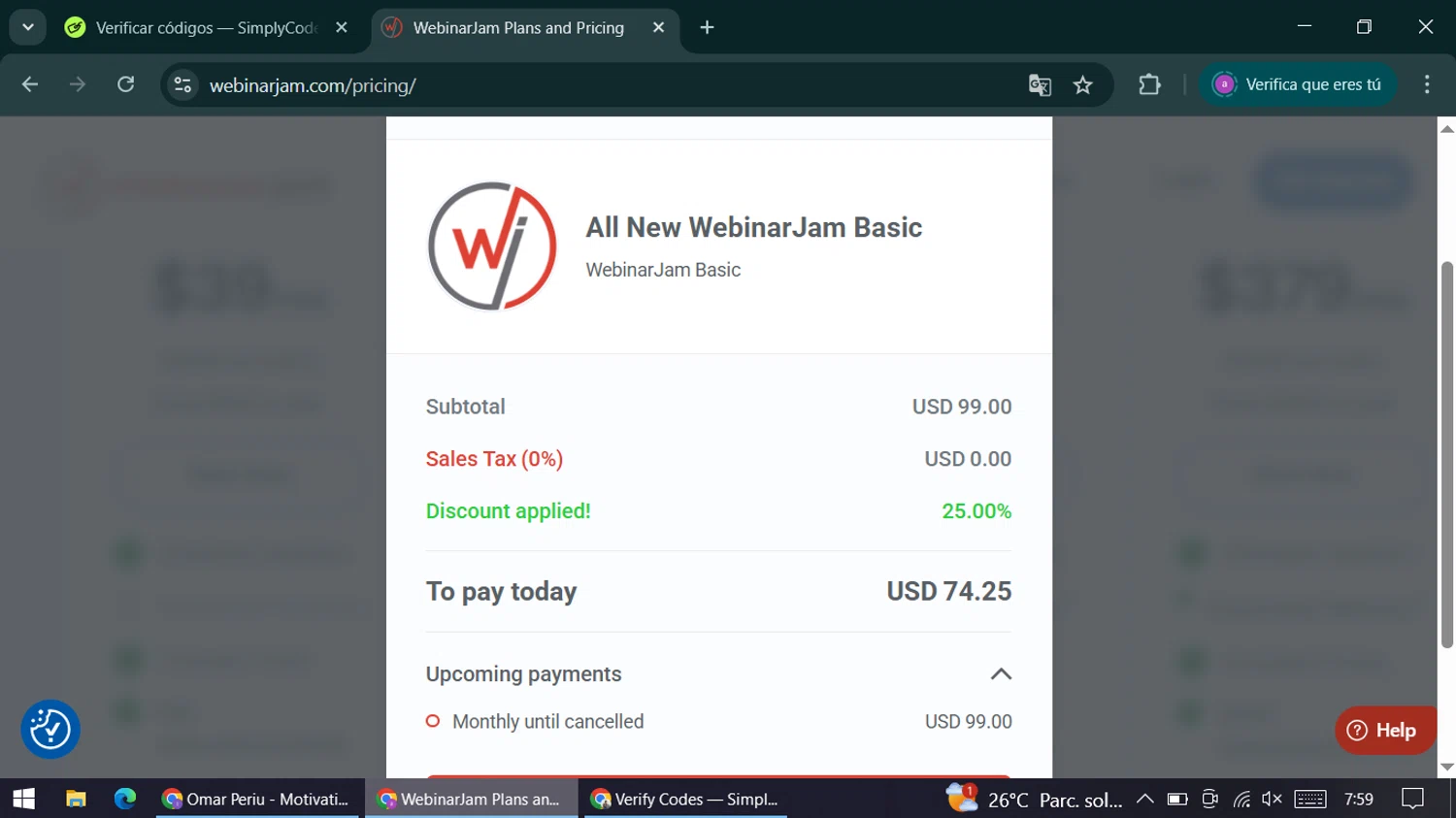 WebinarJam promo code screenshot showing code CSWJ25 applied at WebinarJam checkout page. Uploaded by SimplyCodes community member alexandracarolina on Dec 21, 2025