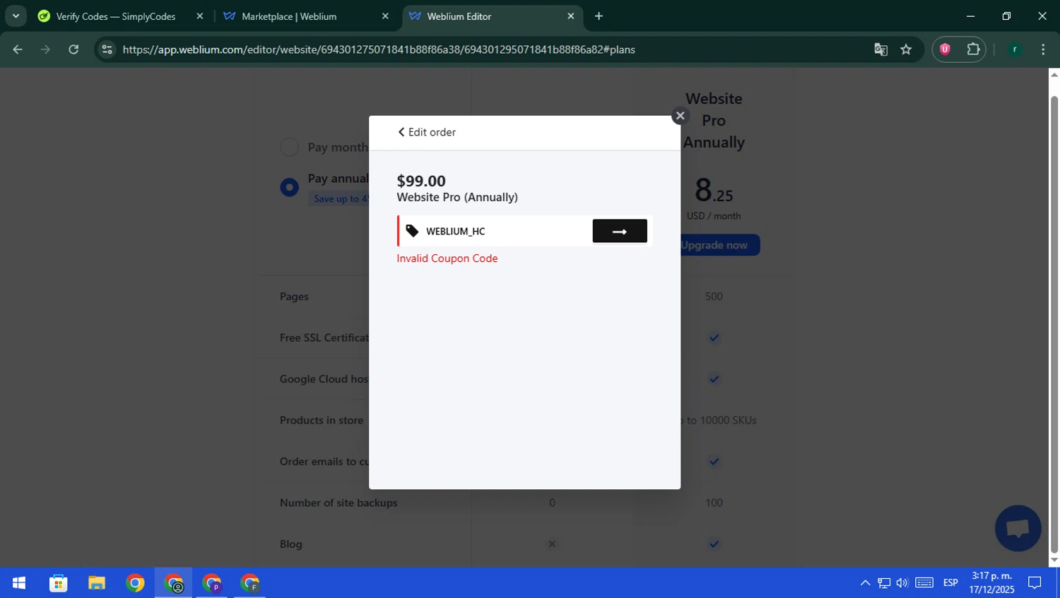 Weblium coupon code screenshot showing code WEBLIUM_HC applied at Weblium checkout page. Uploaded by SimplyCodes community member rodri1 on Dec 17, 2025