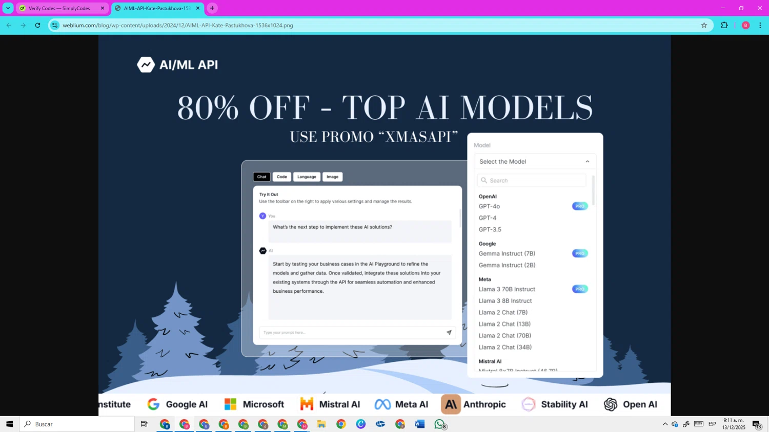 Weblium coupon code screenshot showing code XMASAPI applied at Weblium checkout page. Uploaded by SimplyCodes community member CleverElite3562 on Dec 13, 2025