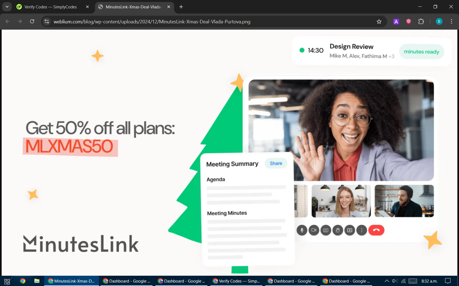 Weblium coupon code screenshot showing code mlxmas50 applied at Weblium checkout page. Uploaded by SimplyCodes community member CleverPilot5845 on Dec 2, 2025