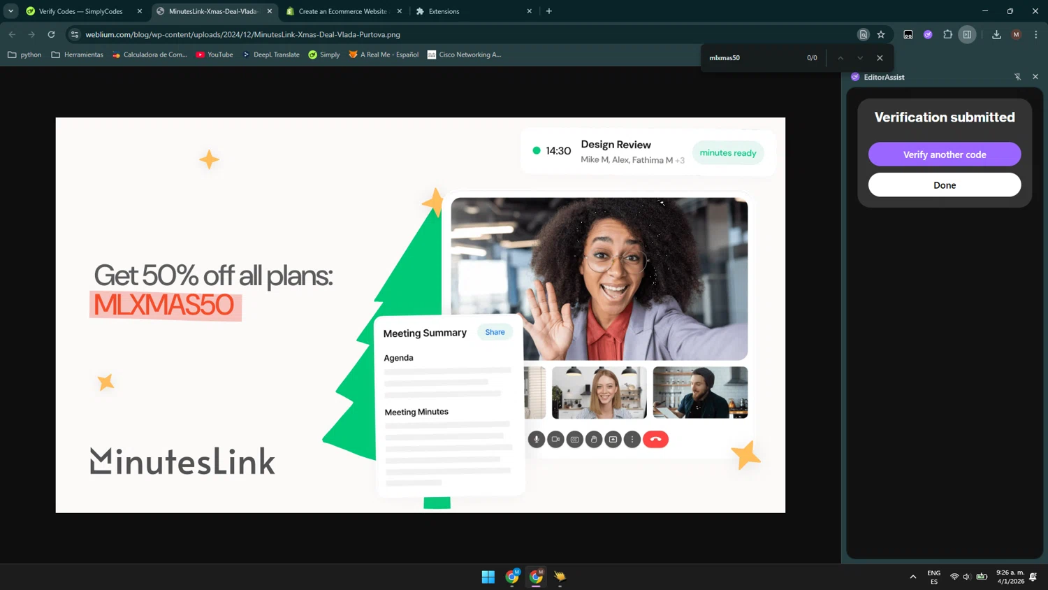 Weblium coupon code screenshot showing code mlxmas50 applied at Weblium checkout page. Uploaded by SimplyCodes community member Maocar on Jan 4, 2026