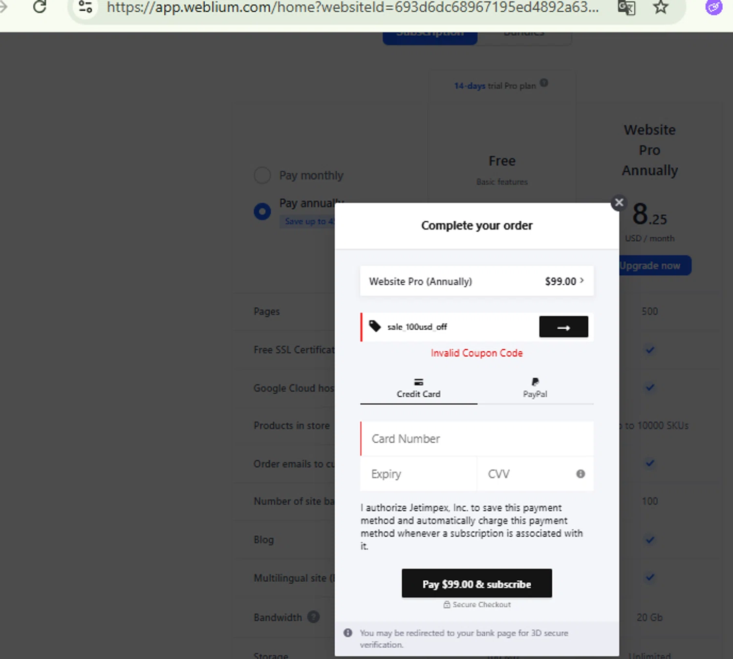 Weblium coupon code screenshot showing code sale_100usd_off applied at Weblium checkout page. Uploaded by SimplyCodes community member RewardFinder4836 on Dec 13, 2025
