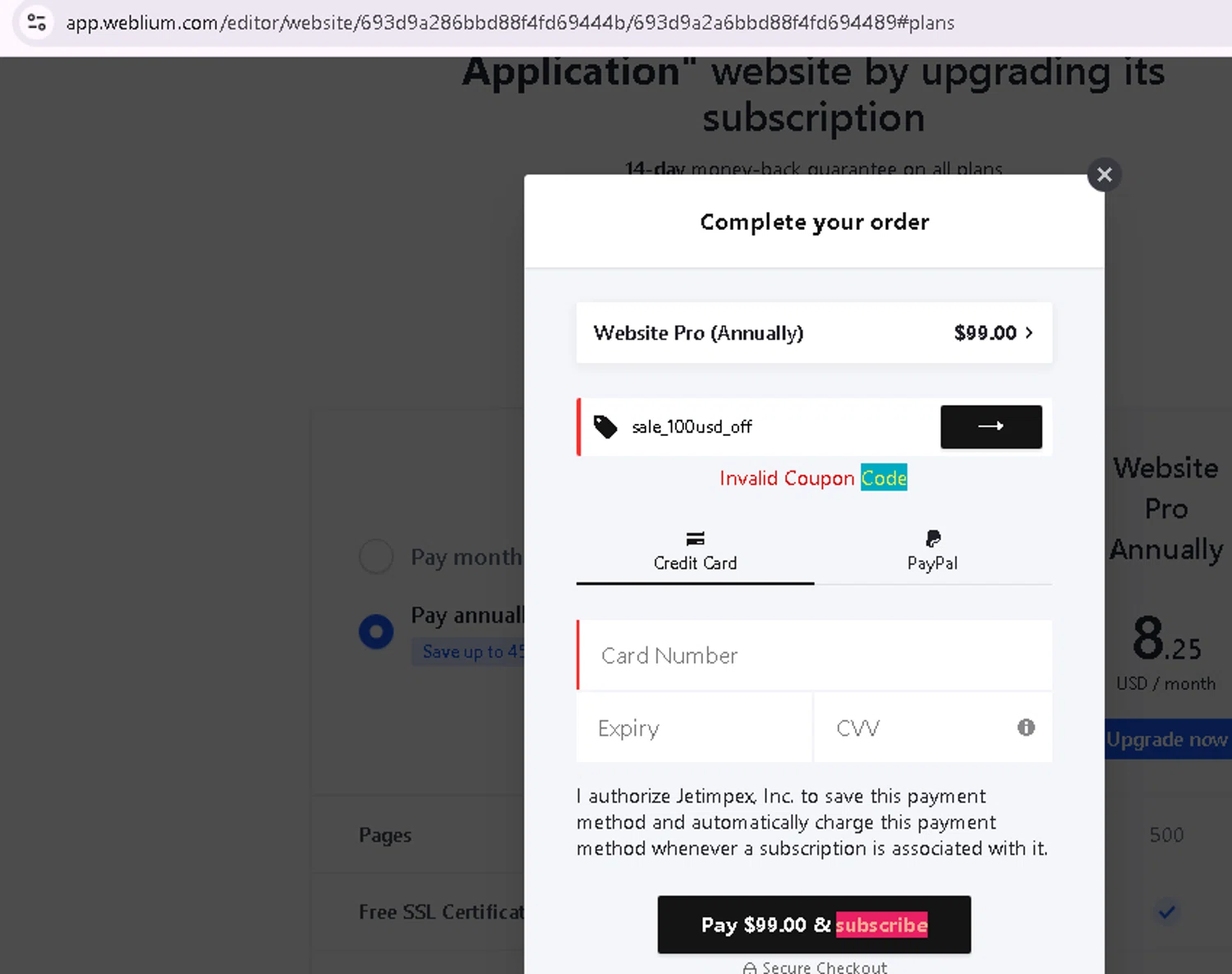 Weblium coupon code screenshot showing code sale_100usd_off applied at Weblium checkout page. Uploaded by SimplyCodes community member ThriftyRanger5740 on Dec 13, 2025