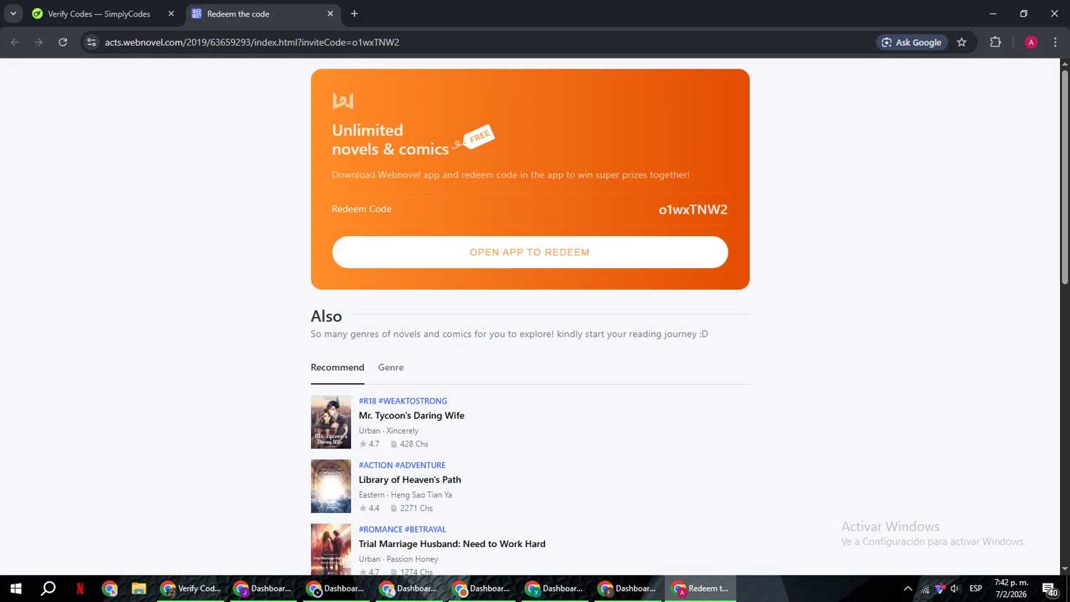 Webnovel promo code screenshot showing code o1wxTNW2 applied at Webnovel checkout page. Uploaded by SimplyCodes community member BMWGS1200 on Feb 7, 2026