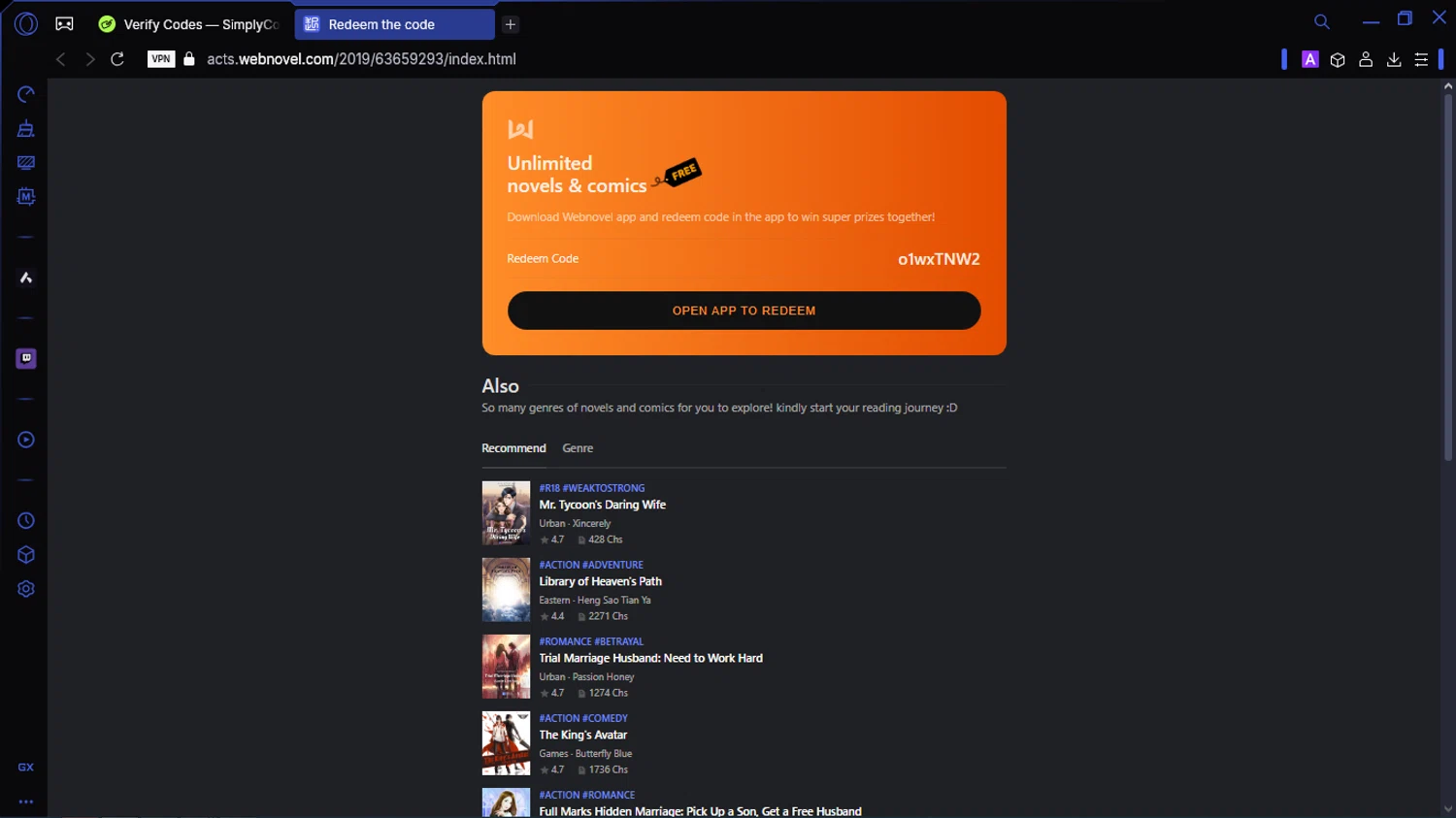 Webnovel promo code screenshot showing code o1wxTNW2 applied at Webnovel checkout page. Uploaded by SimplyCodes community member SavingsWhiz9509 on Apr 24, 2025