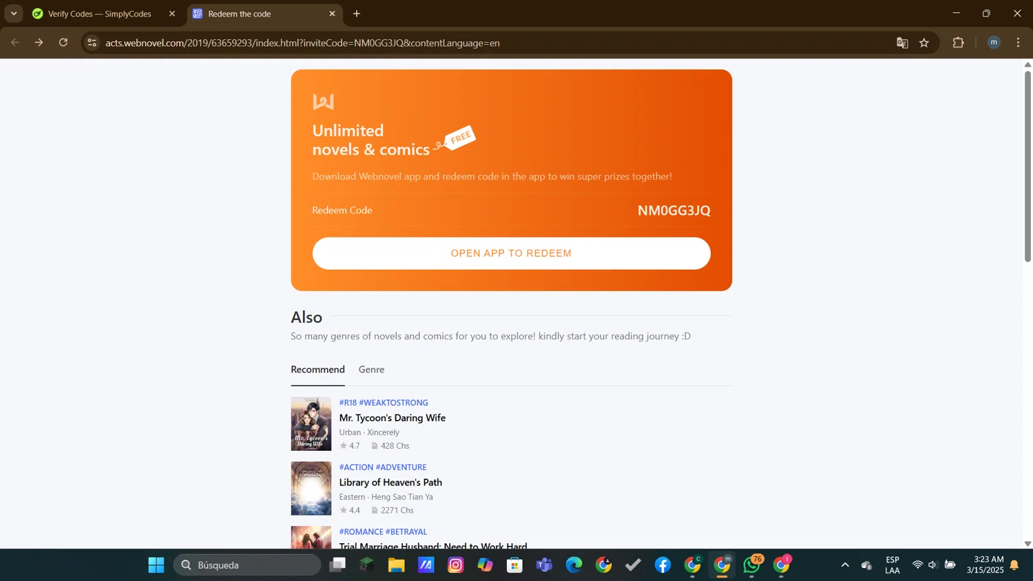 Webnovel promo code screenshot showing code NM0GG3JQ applied at Webnovel checkout page. Uploaded by SimplyCodes community member DTBERA2024 on Mar 15, 2025