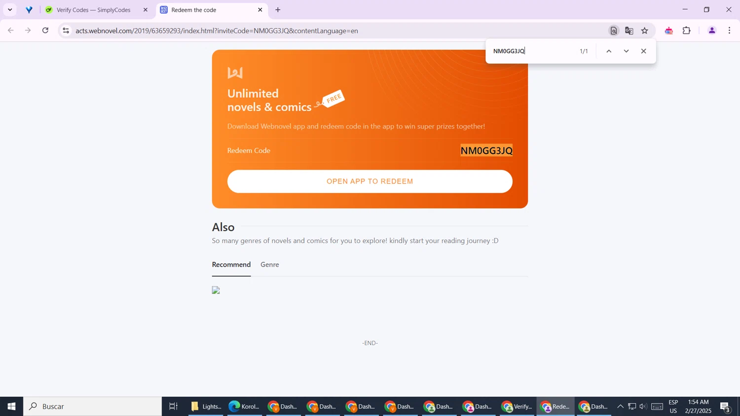 Webnovel promo code screenshot showing code NM0GG3JQ applied at Webnovel checkout page. Uploaded by SimplyCodes community member NobleRanger9699 on Feb 27, 2025