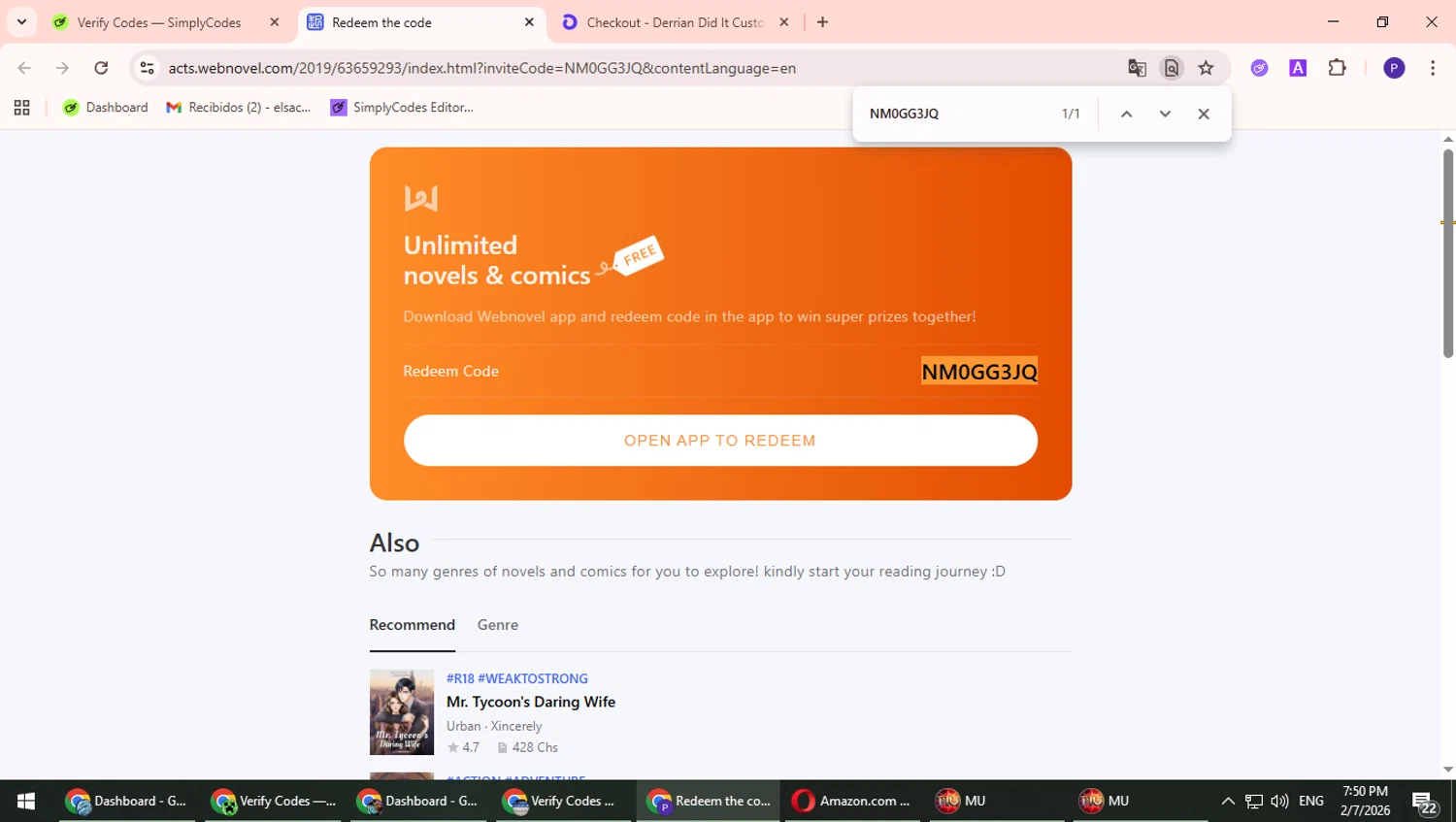 Webnovel promo code screenshot showing code NM0GG3JQ applied at Webnovel checkout page. Uploaded by SimplyCodes community member TrevorPhilips on Feb 7, 2026