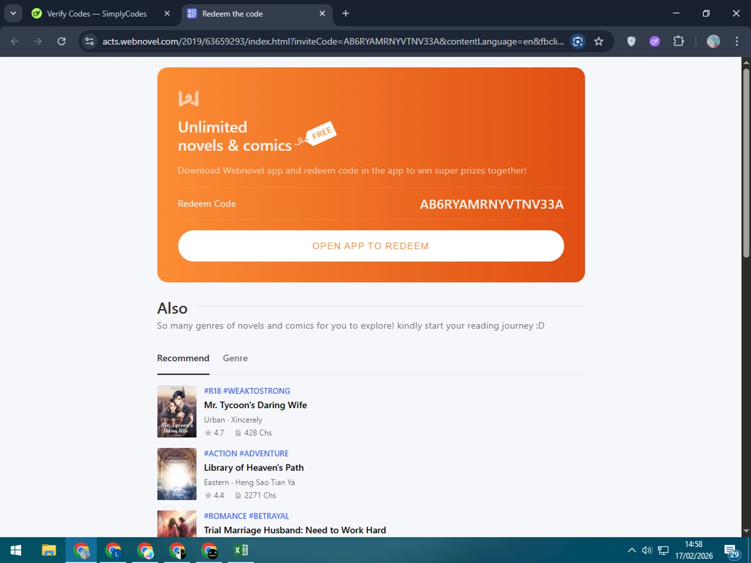 Webnovel checkout page showing Webnovel promo code box | Screenshot taken by SimplyCodes community member on Feb 17, 2026