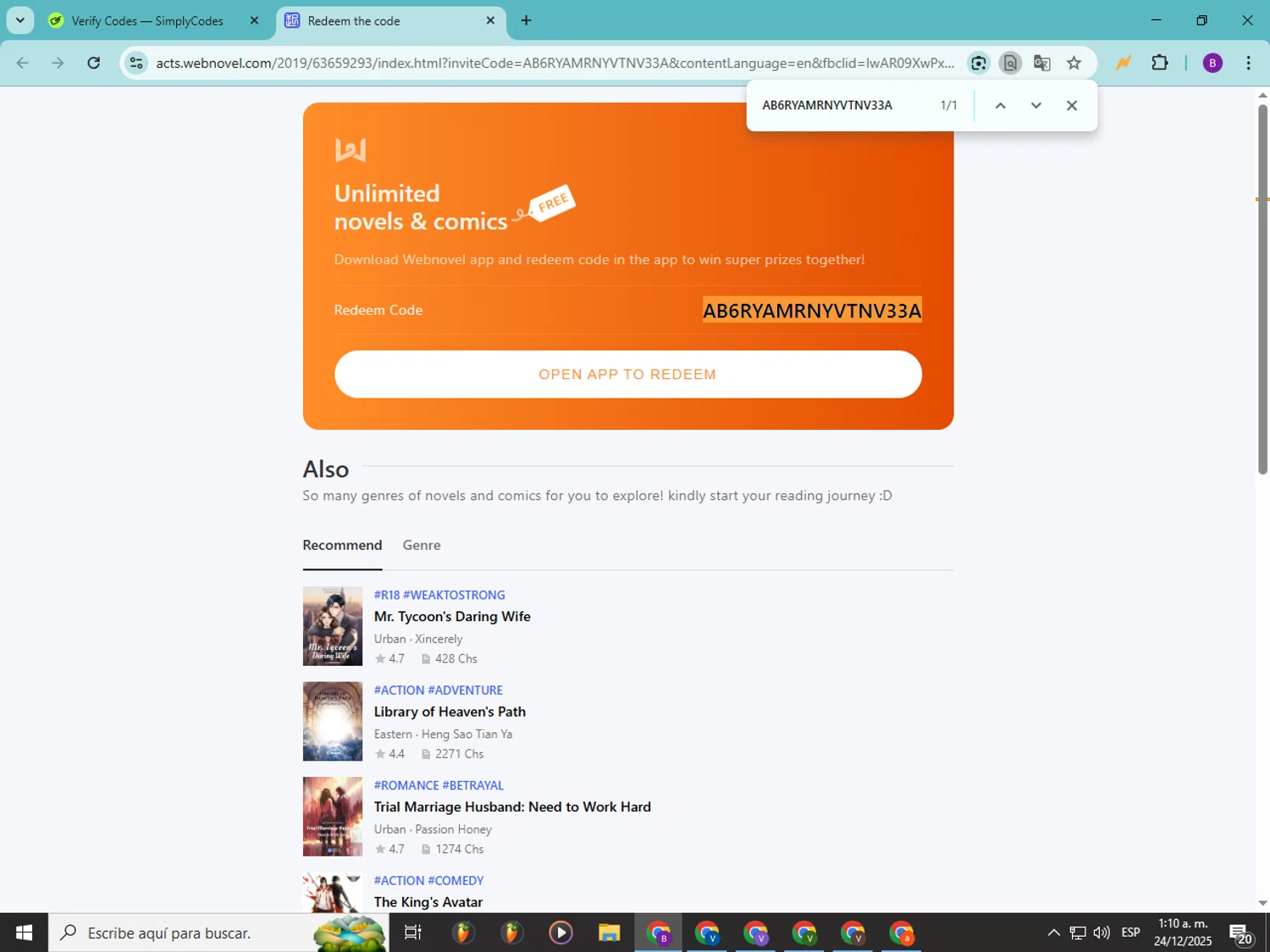 Webnovel promo code screenshot showing code AB6RYAMRNYVTNV33A applied at Webnovel checkout page. Uploaded by SimplyCodes community member Soyvictor on Dec 24, 2025