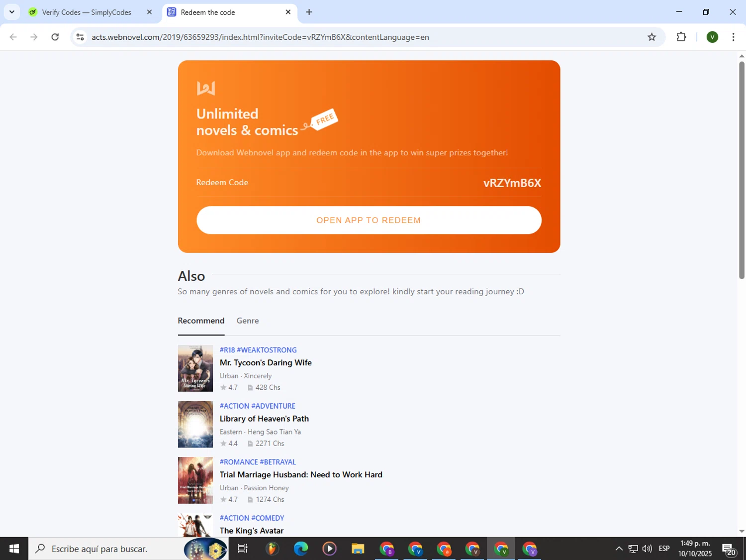 Webnovel promo code screenshot showing code vRZYmB6X applied at Webnovel checkout page. Uploaded by SimplyCodes community member PrimeWizard4168 on Oct 10, 2025