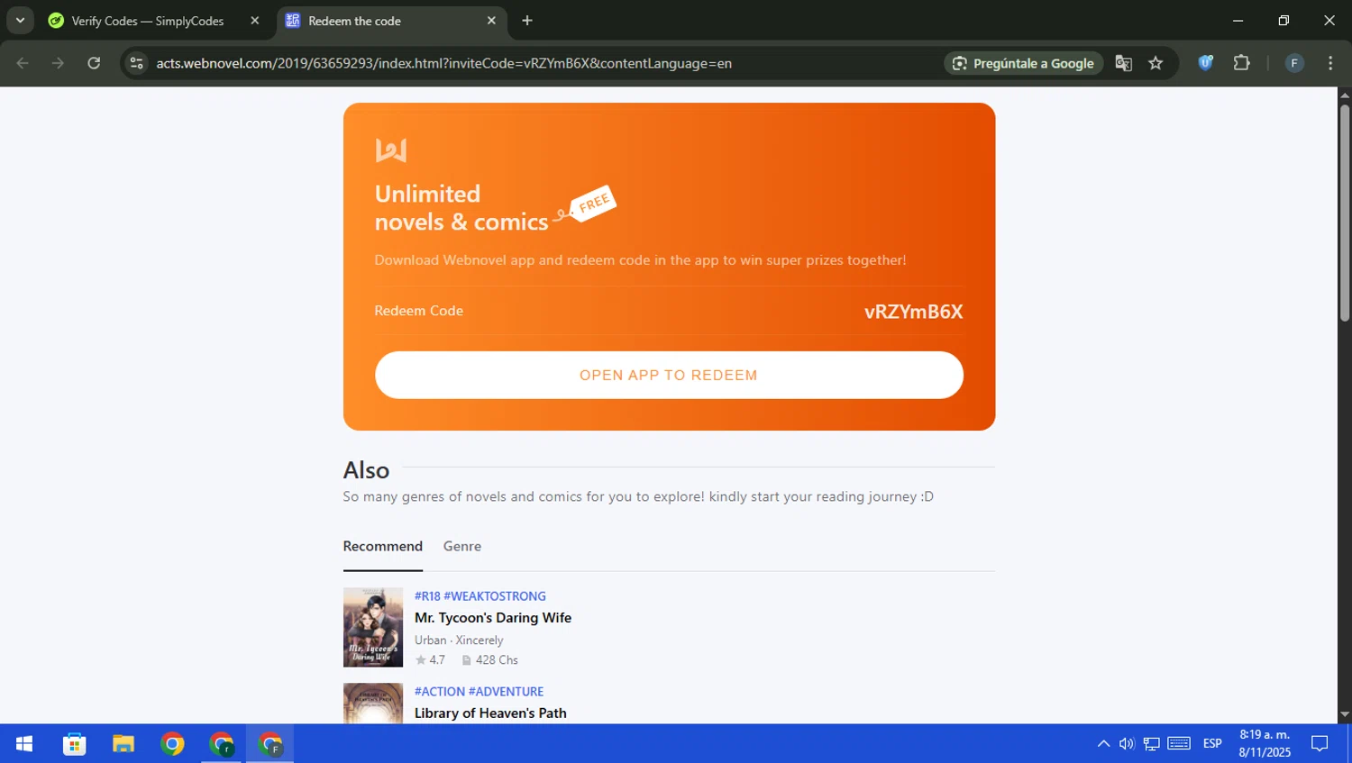 Webnovel promo code screenshot showing code vRZYmB6X applied at Webnovel checkout page. Uploaded by SimplyCodes community member pajarito on Nov 8, 2025