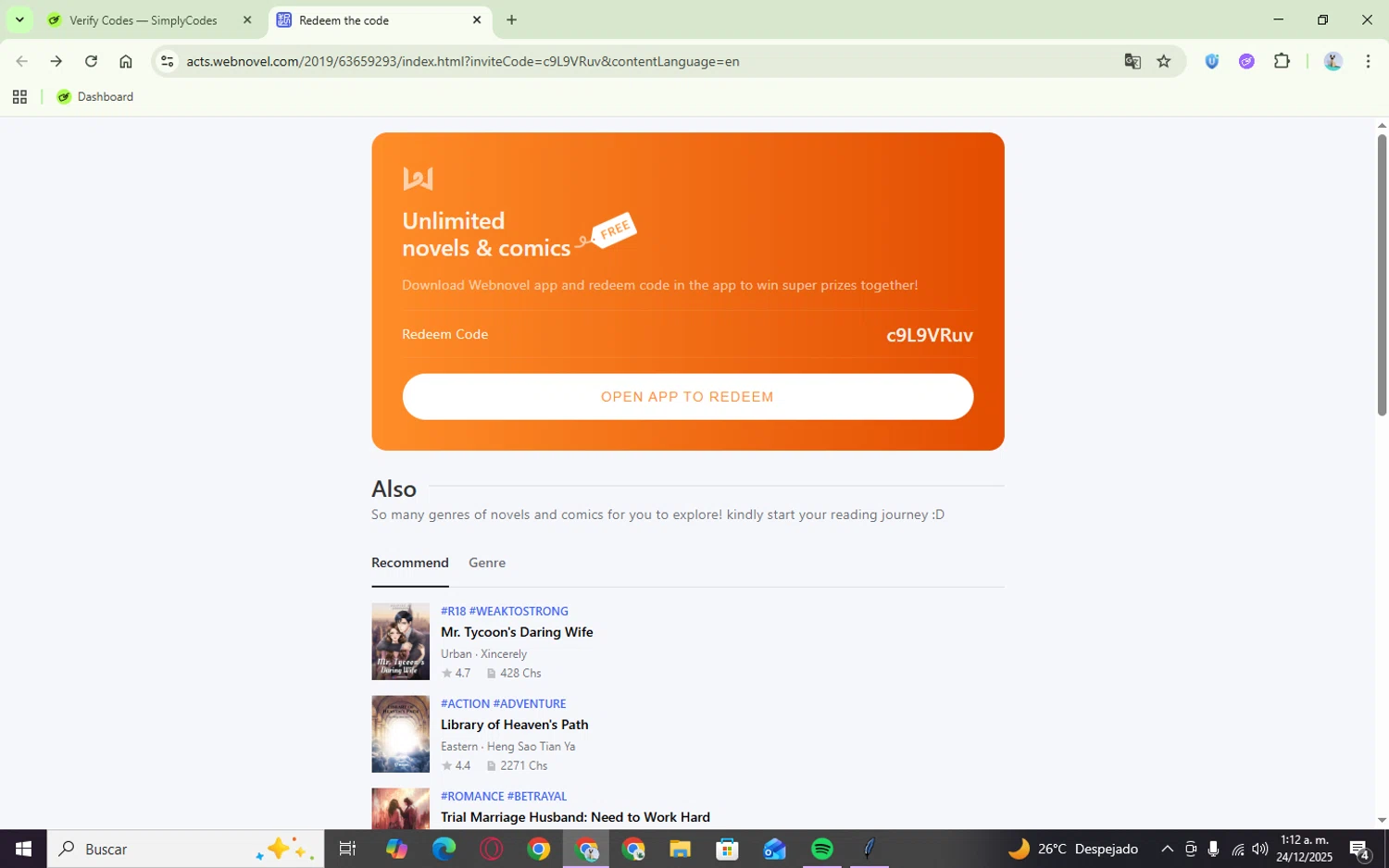 Webnovel promo code screenshot showing code c9L9VRuv applied at Webnovel checkout page. Uploaded by SimplyCodes community member Tsubaki on Dec 24, 2025
