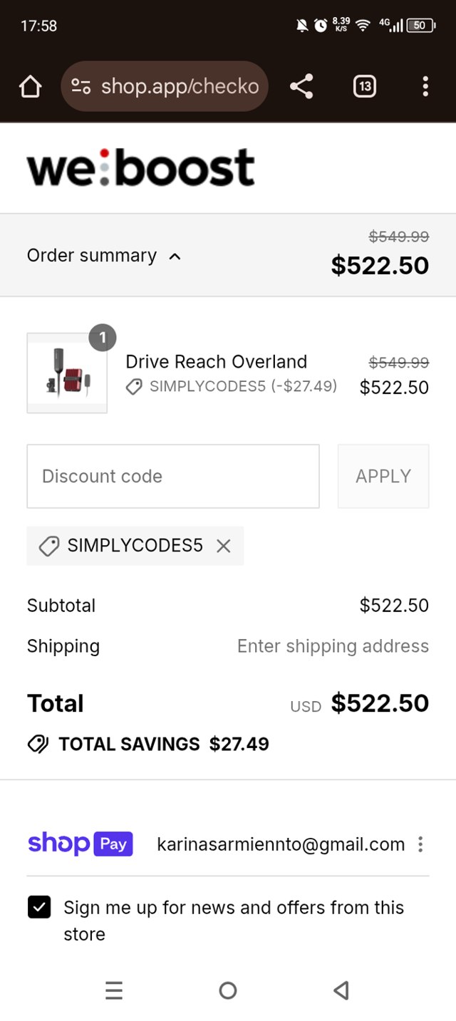 Weboost checkout page showing Weboost discount code box | Screenshot taken by SimplyCodes community member on Jul 29, 2025