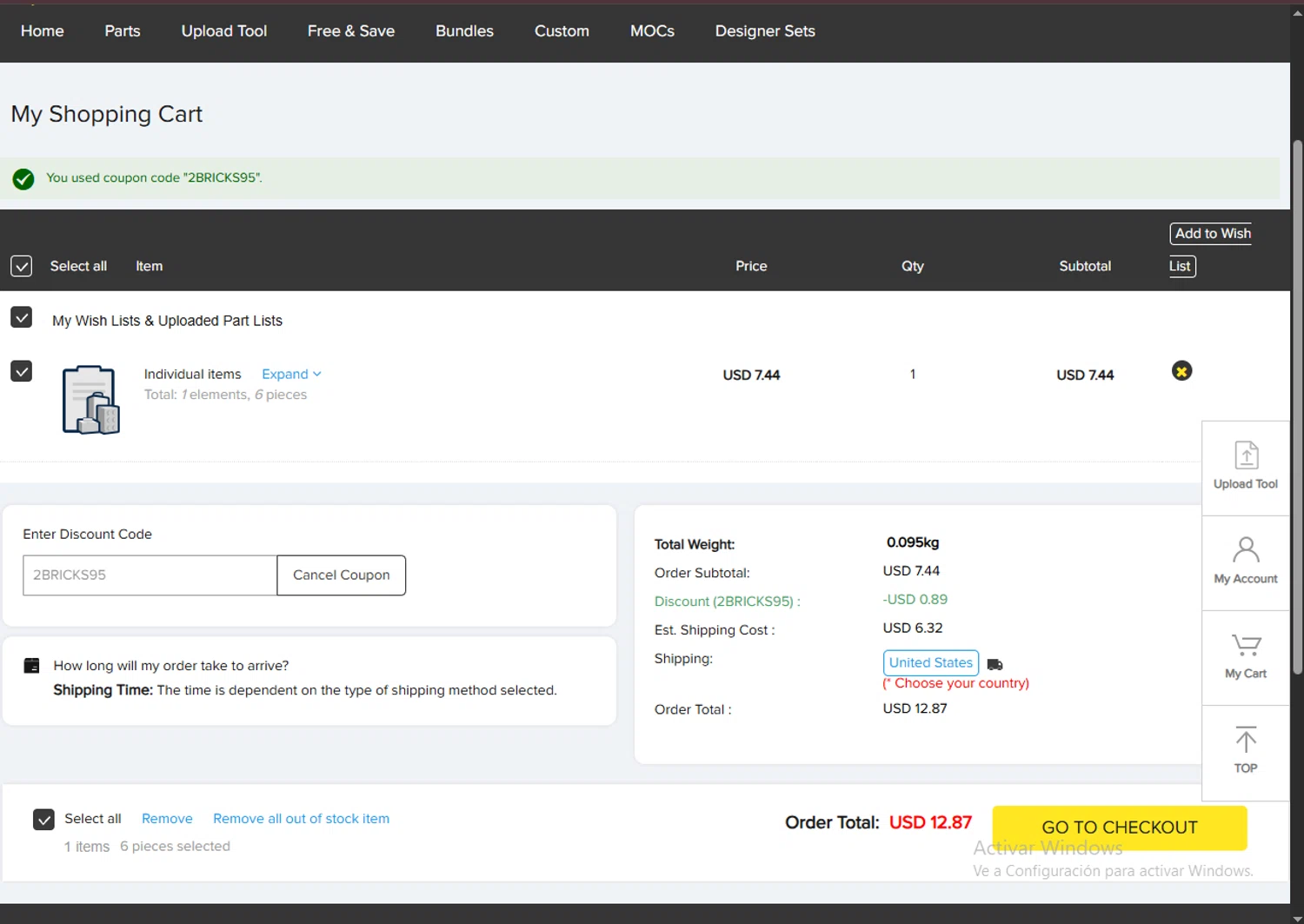 Webrick discount code screenshot showing code 2BRICKS95 applied at Webrick checkout page. Uploaded by SimplyCodes community member TreasureHero9595 on Jun 8, 2025