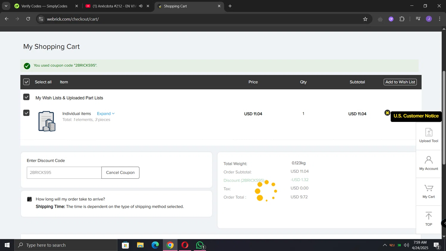 Webrick discount code screenshot showing code 2BRICKS95 applied at Webrick checkout page. Uploaded by SimplyCodes community member lunita on Apr 24, 2025