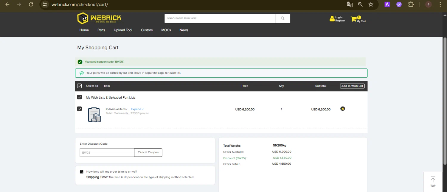 Webrick discount code screenshot showing code BW25 applied at Webrick checkout page. Uploaded by SimplyCodes community member GoldCurator1773 on Feb 17, 2026