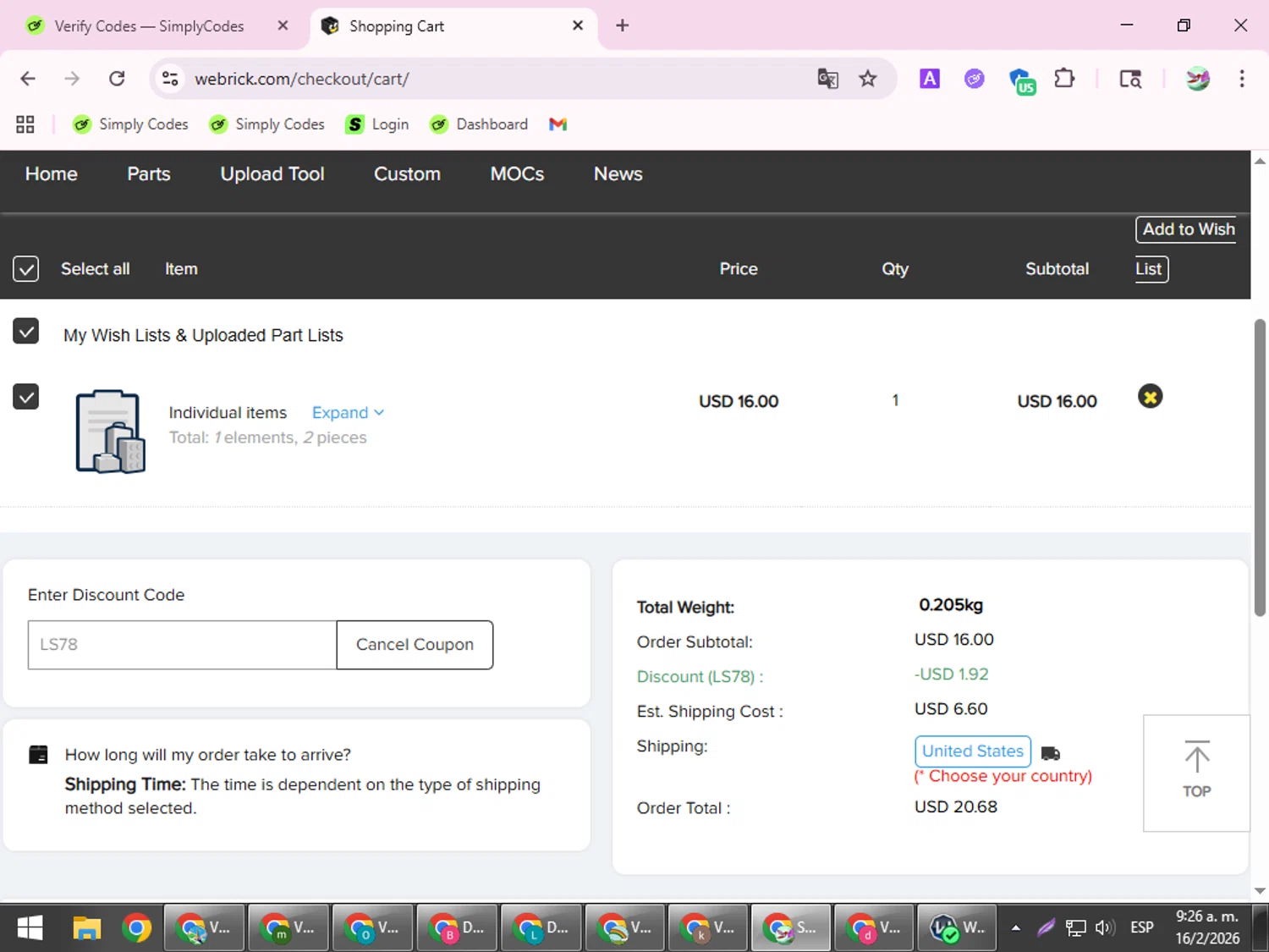 Webrick checkout page showing Webrick discount code box | Screenshot taken by SimplyCodes community member on Feb 16, 2026