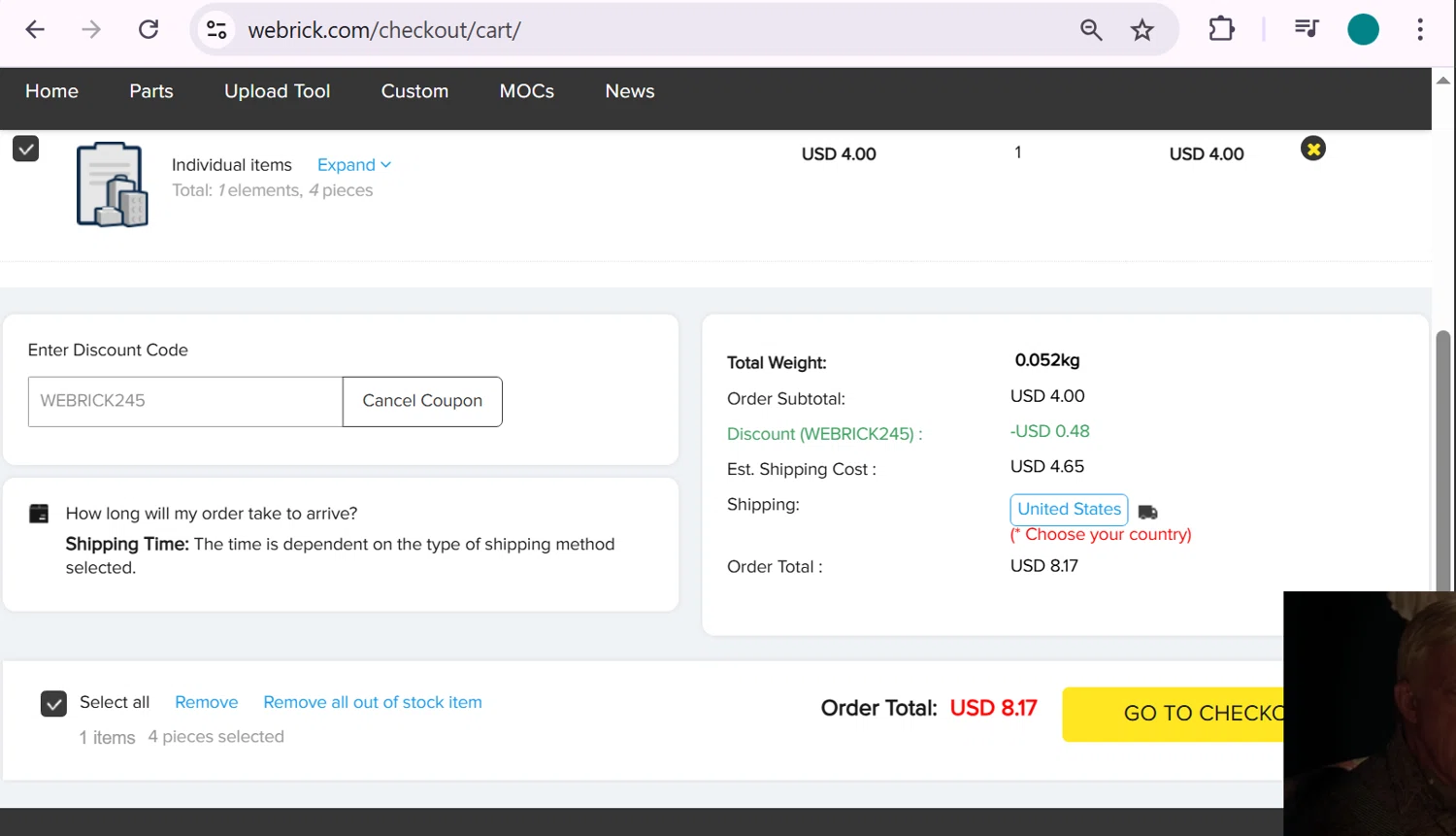 Webrick discount code screenshot showing code WEBRICK245 applied at Webrick checkout page. Uploaded by SimplyCodes community member anosesmith on Feb 17, 2026