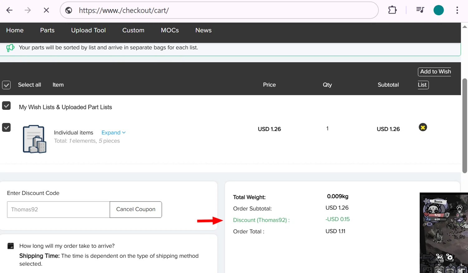 Webrick discount code screenshot showing code Thomas92 applied at Webrick checkout page. Uploaded by SimplyCodes community member anosesmith on Feb 16, 2026