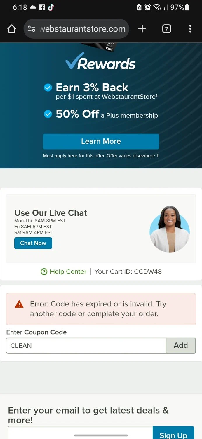 Webstaurant Store promo code screenshot showing code CLEAN applied at Webstaurant Store checkout page. Uploaded by SimplyCodes community member miguelcrast on Dec 21, 2025