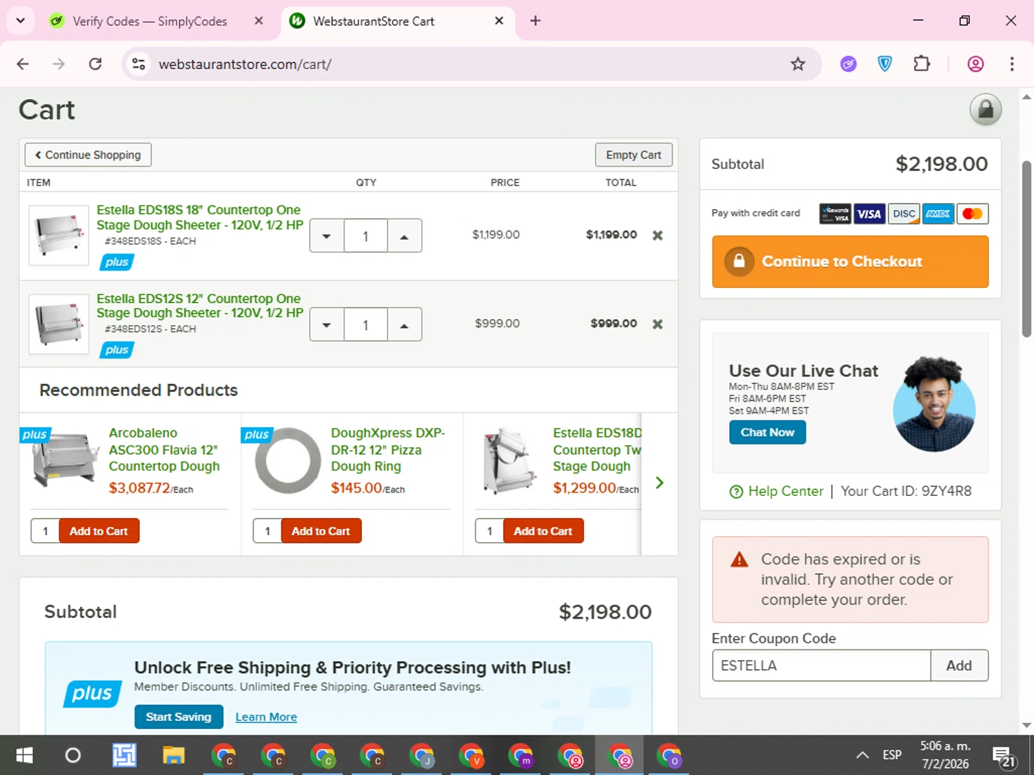 Webstaurant Store promo code screenshot showing code ESTELLA applied at Webstaurant Store checkout page. Uploaded by SimplyCodes community member QuestCurator1644 on Feb 7, 2026
