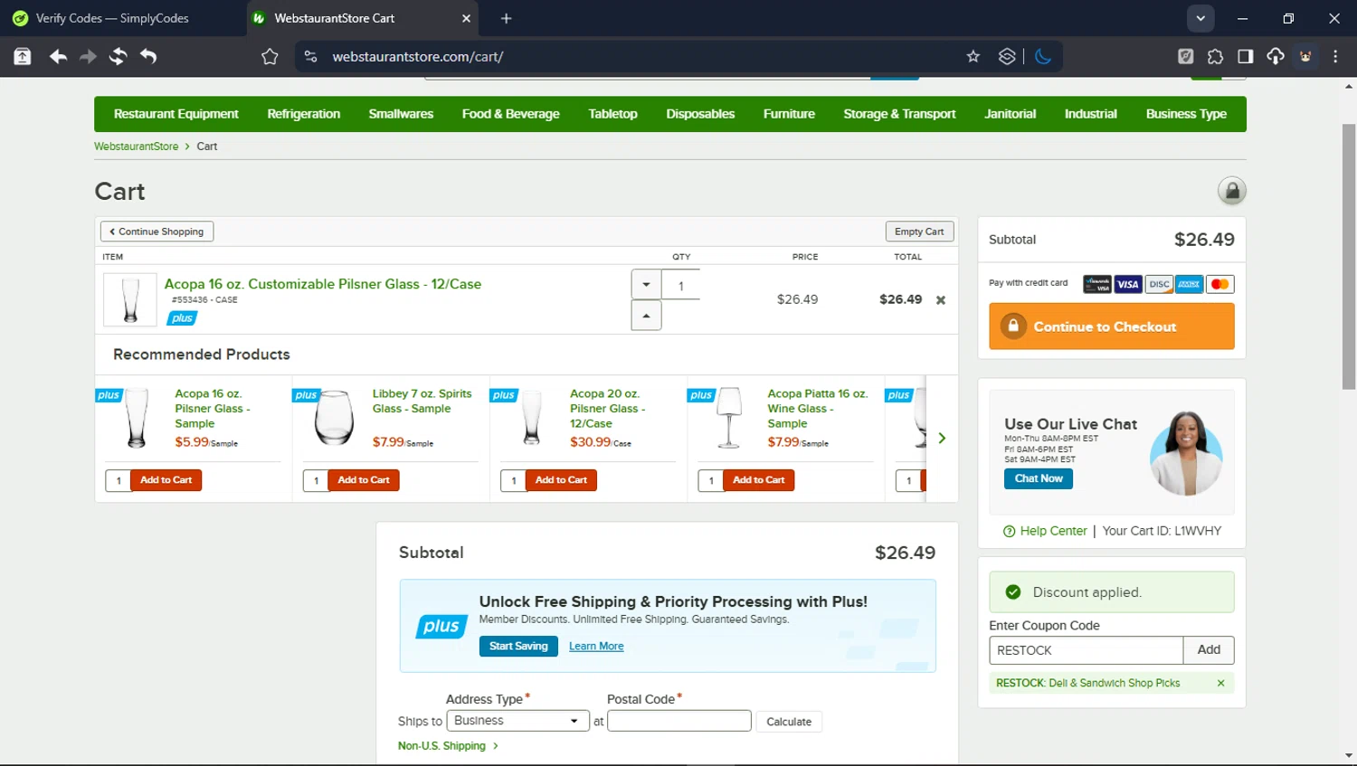 Webstaurant Store promo code screenshot showing code RESTOCK applied at Webstaurant Store checkout page. Uploaded by SimplyCodes community member BrilliantTitan6909 on Feb 24, 2026